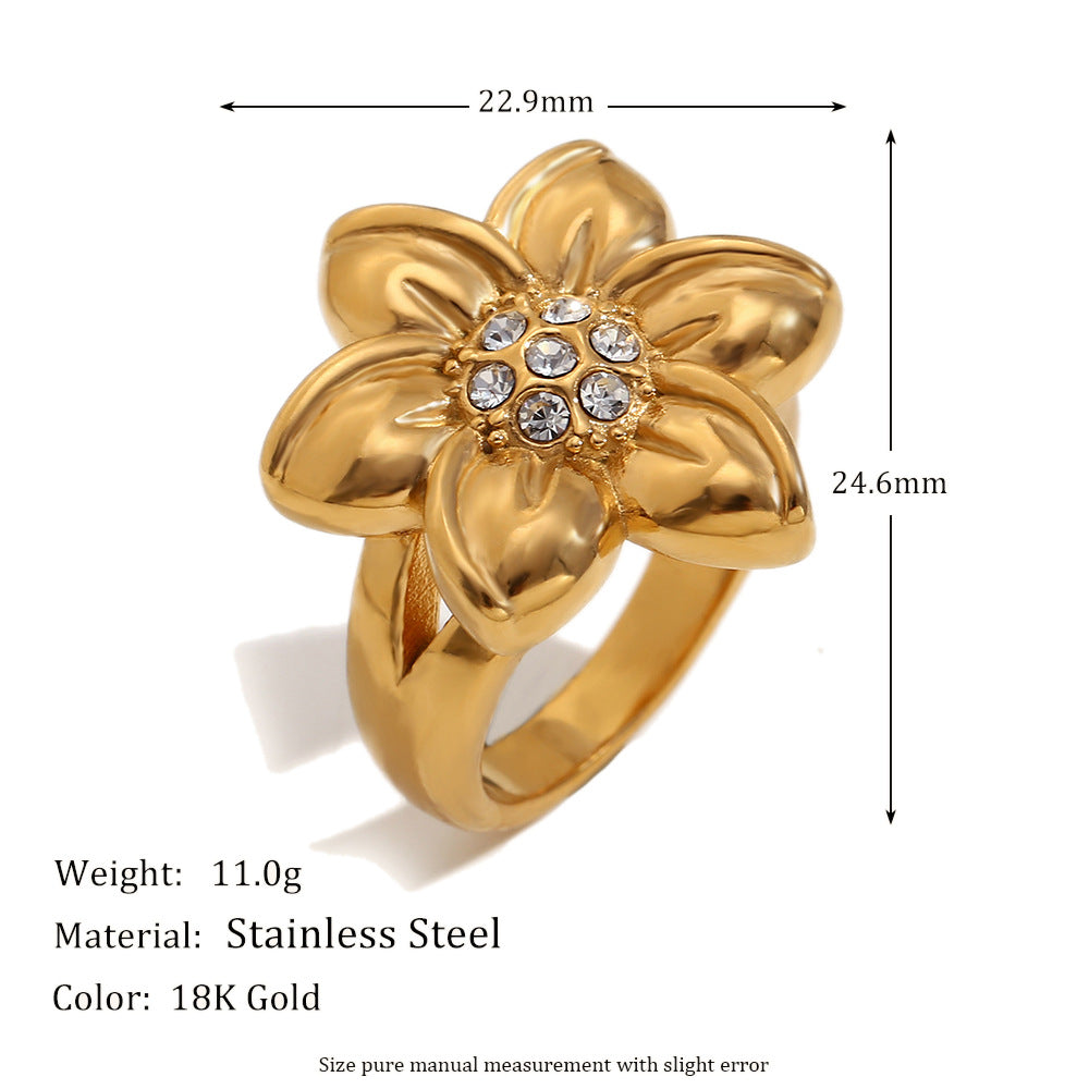 Vintage Elegant Floral 18K Gold Plated Stainless Steel Rhinestone Ring for Women
