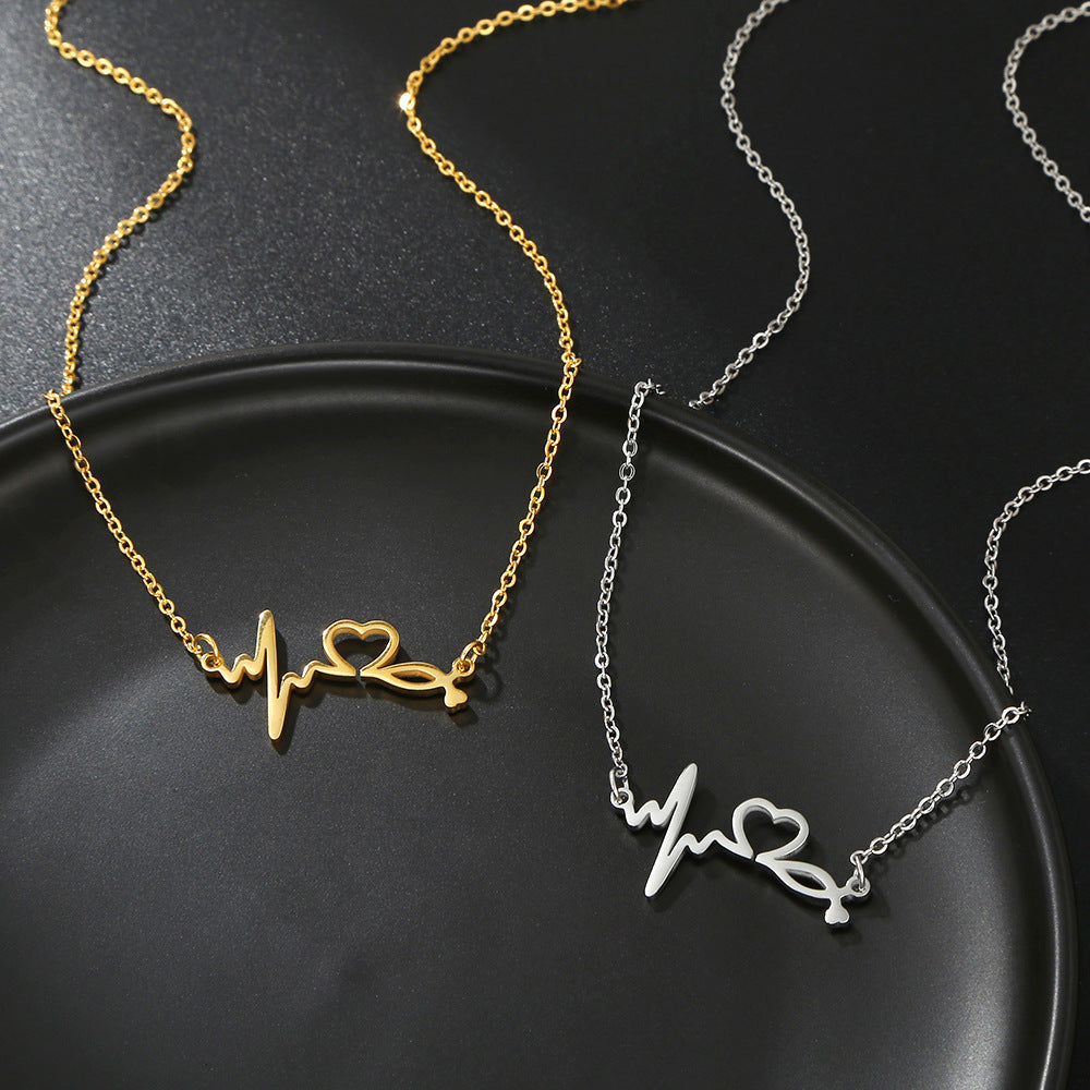 Casual Heart Geometric Titanium Steel Plated EKG Heartbeat Necklace for Unisex