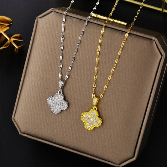 Minimalist Clover Pendant Necklace in Titanium Steel with Gold Plating and Zircon Inlay for Women