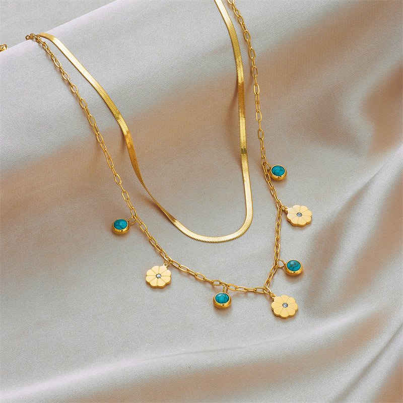 Minimalist Fashion Double-Layer Snake Chain Necklace with Turquoise Flower Pendant in Titanium Steel with Plating Finish