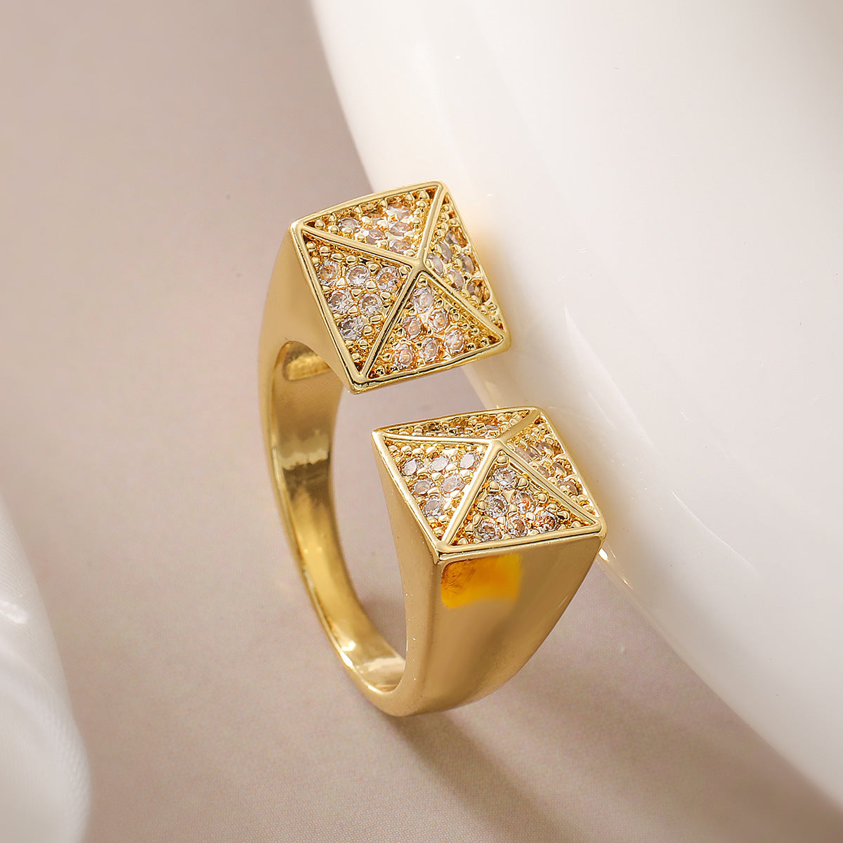 Minimalist Irregular Geometric Open Ring for Women Made of Brass with Real Gold Plating and Zircon Inlay