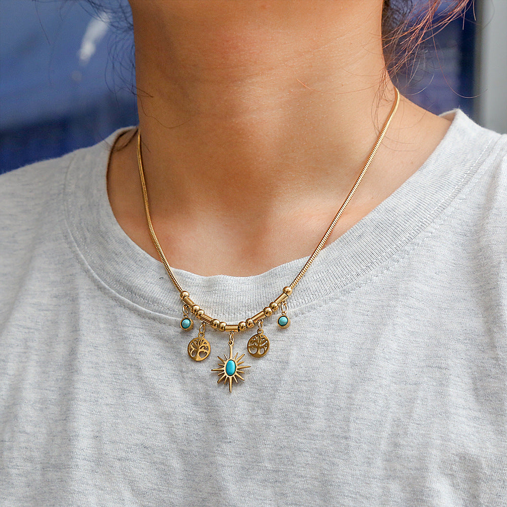 Bohemian Irregular Sunstone Pendant Necklace with Stainless Steel Snake Chain for Women