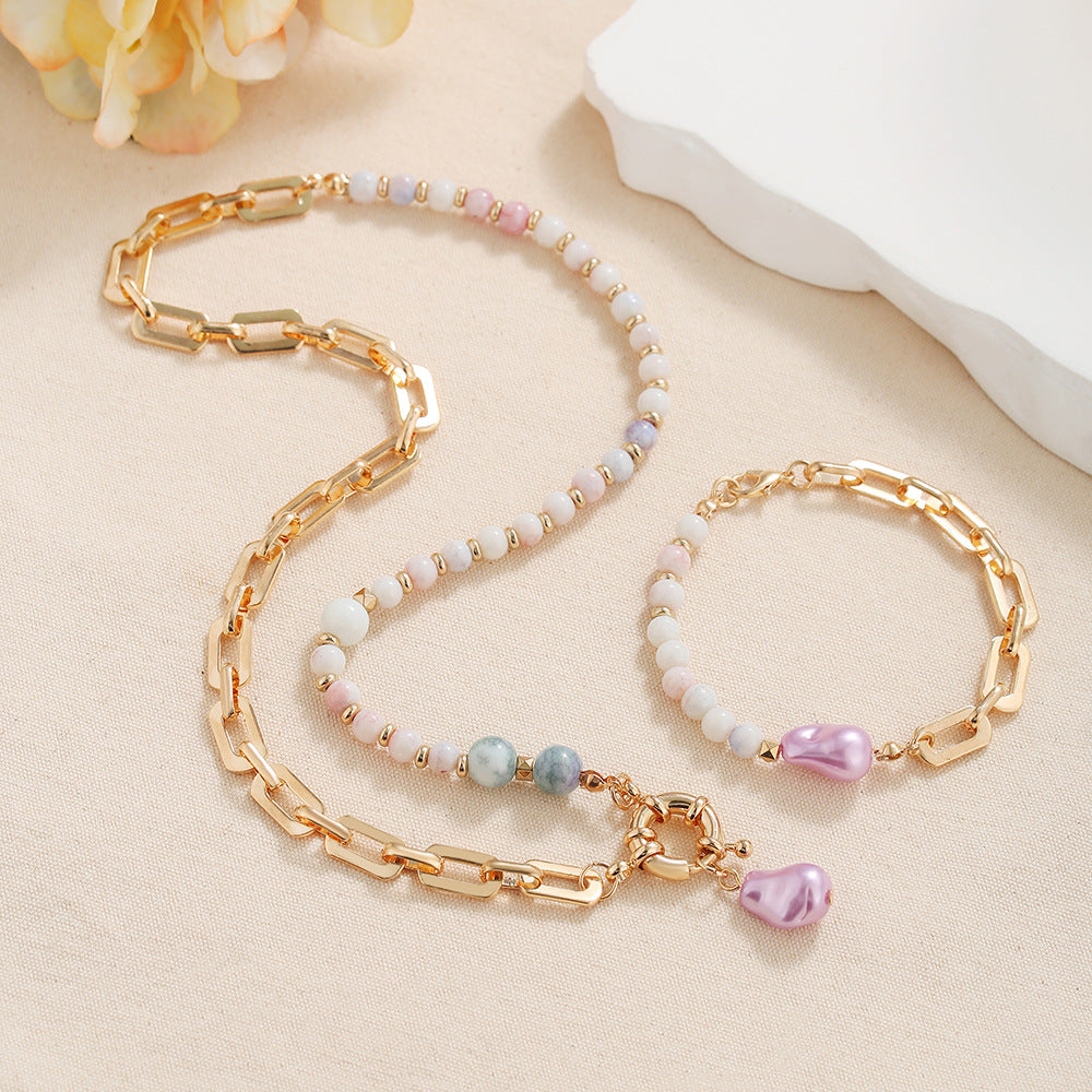 Fashion Geometric Round Imitation Pearl Plated Alloy Necklace and Bracelet Set