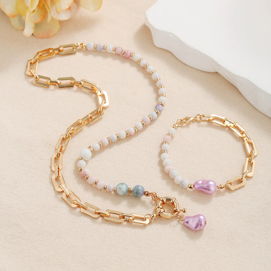 Fashion Geometric Round Imitation Pearl Plated Alloy Necklace and Bracelet Set