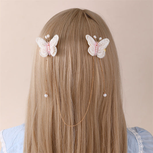 Natural Style Butterfly Bow Hair Clip for Children with Resin Material and Tassel Chain Detail