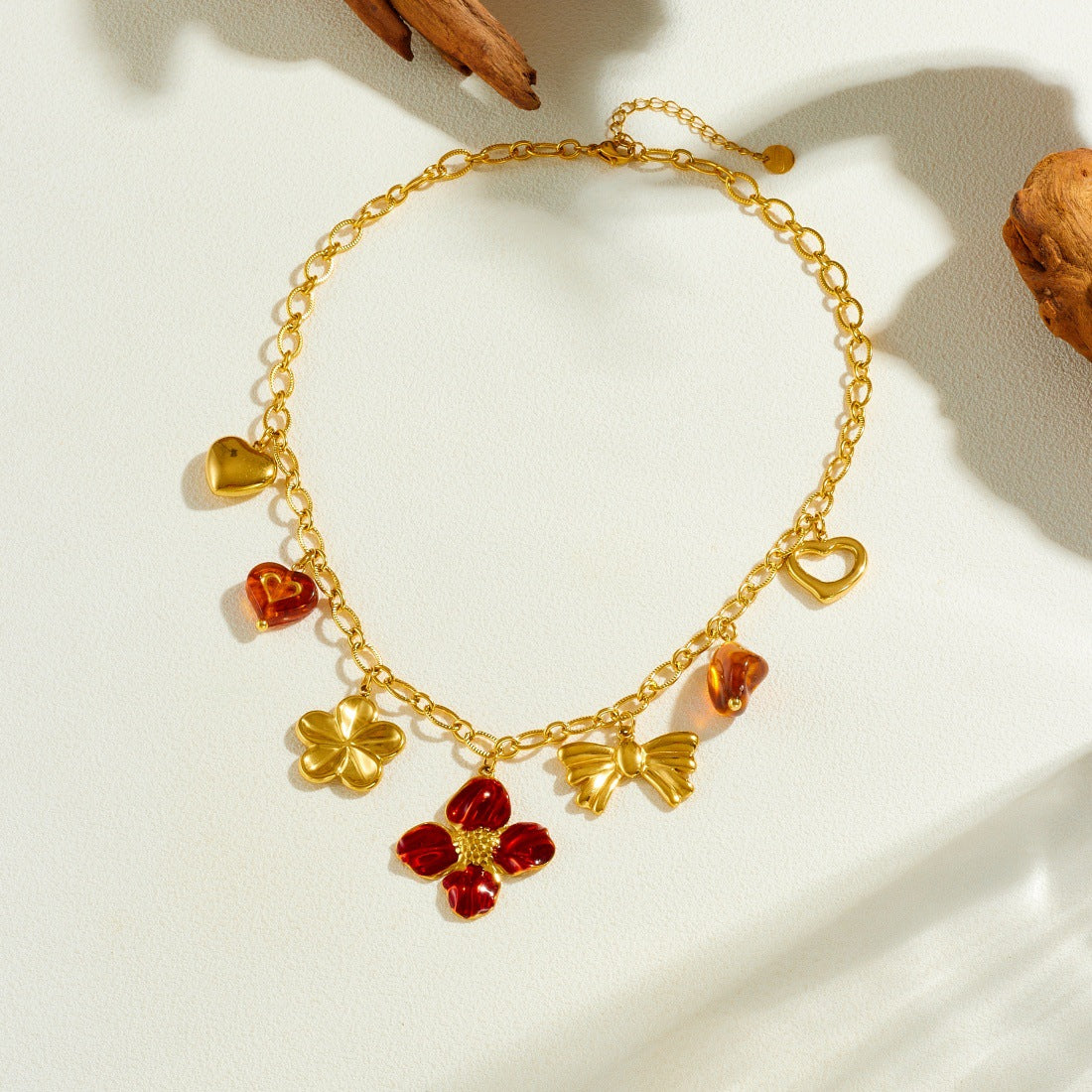 Vintage Gold Plated Drip Oil Floral Heart Stainless Steel Necklace for Women