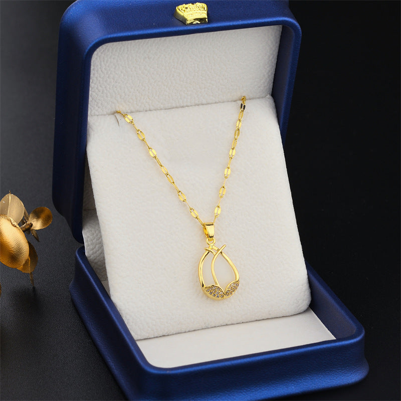 Collana da donna in acciaio al titanio a forma di tulipano con placcatura in oro e intarsio in pietra occhio di gatto, gioielli a collare con catena ondulata
