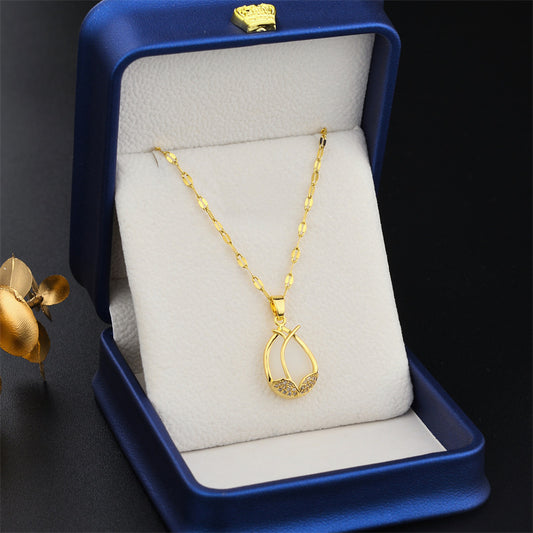 Collana da donna in acciaio al titanio a forma di tulipano con placcatura in oro e intarsio in pietra occhio di gatto, gioielli a collare con catena ondulata