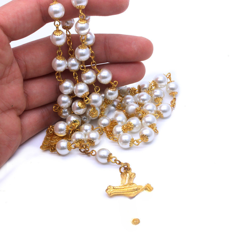 Vintage Cross Pendant Alloy Ball Chain Necklace with Imitation Pearl Beads Unisex Jewelry