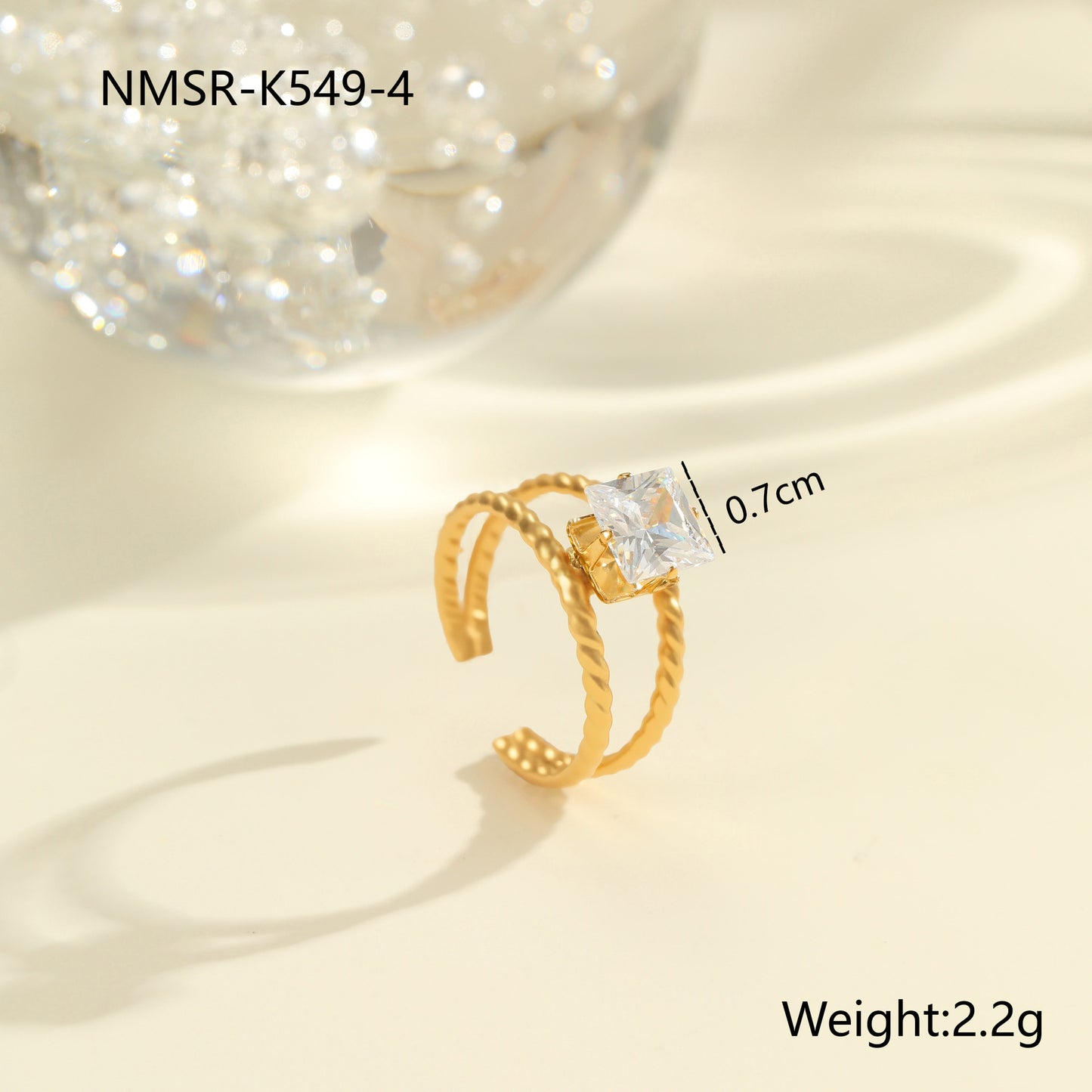 Luxury Geometric Stainless Steel Ring with Zircon Inlay and 18K Gold Plating Adjustable Women's Fashion Ring