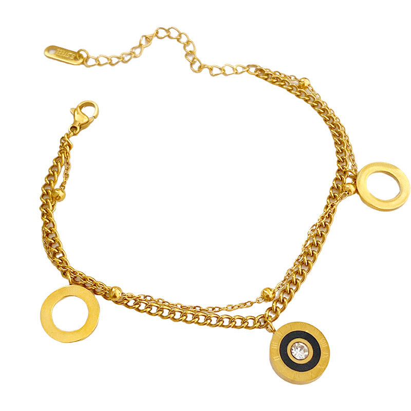 Hip-hop Titanium Steel Double Layer Bracelet with Roman Number and Cubic Zirconia