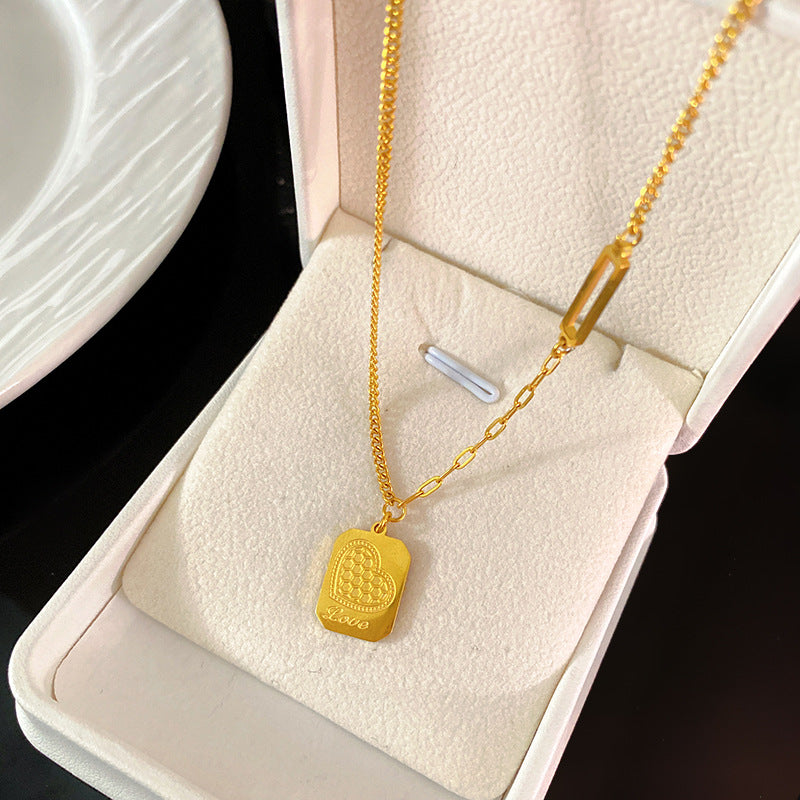 Minimalist Titanium Steel Honeycomb Heart Square Geometric Pendant Necklace Plated Unisex