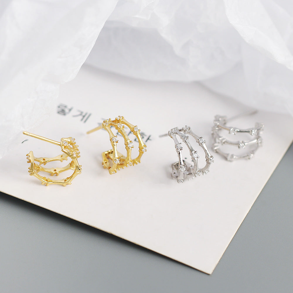Minimalist Geometric Three-Tier Bamboo-Inspired C-Shaped Rhinestone-Set S925 Sterling Silver Hoop Earrings