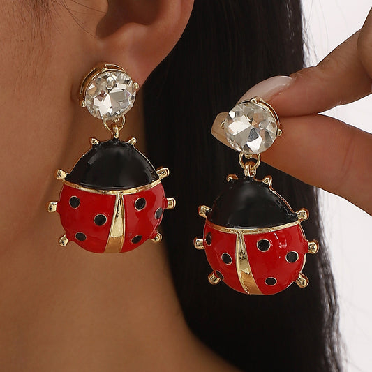 Retro Chic Ladybug and Strawberry Rhinestone Enamel Earrings in Alloy with Plated Finish for Women