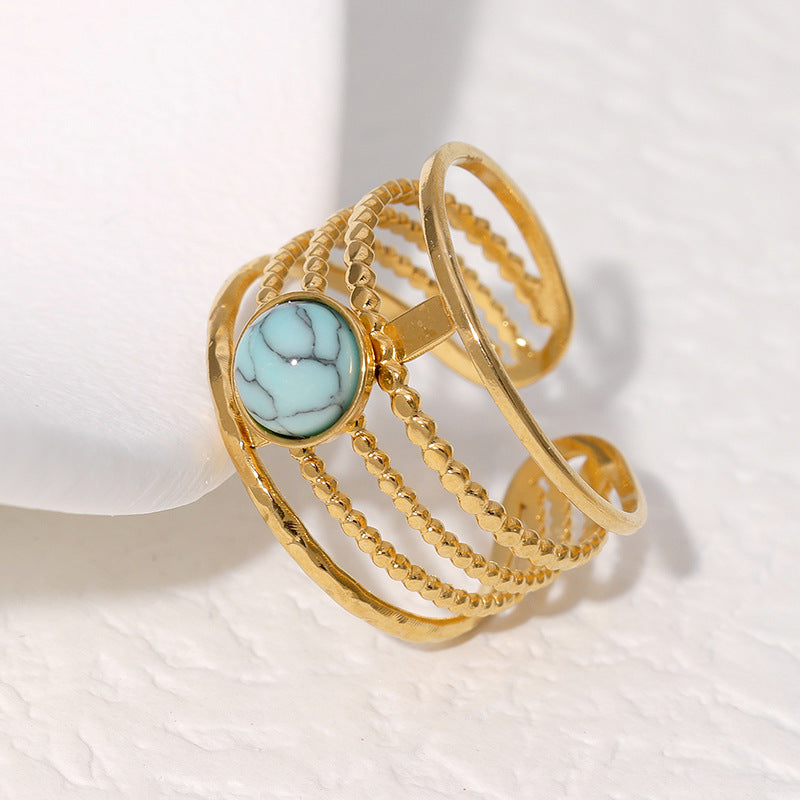 Minimalist Geometric Titanium Steel Adjustable Open Ring with Turquoise Stone for Women