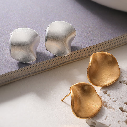 Irregular Geometric Matte Brushed Gold Plated Brass Stud Earrings for Women