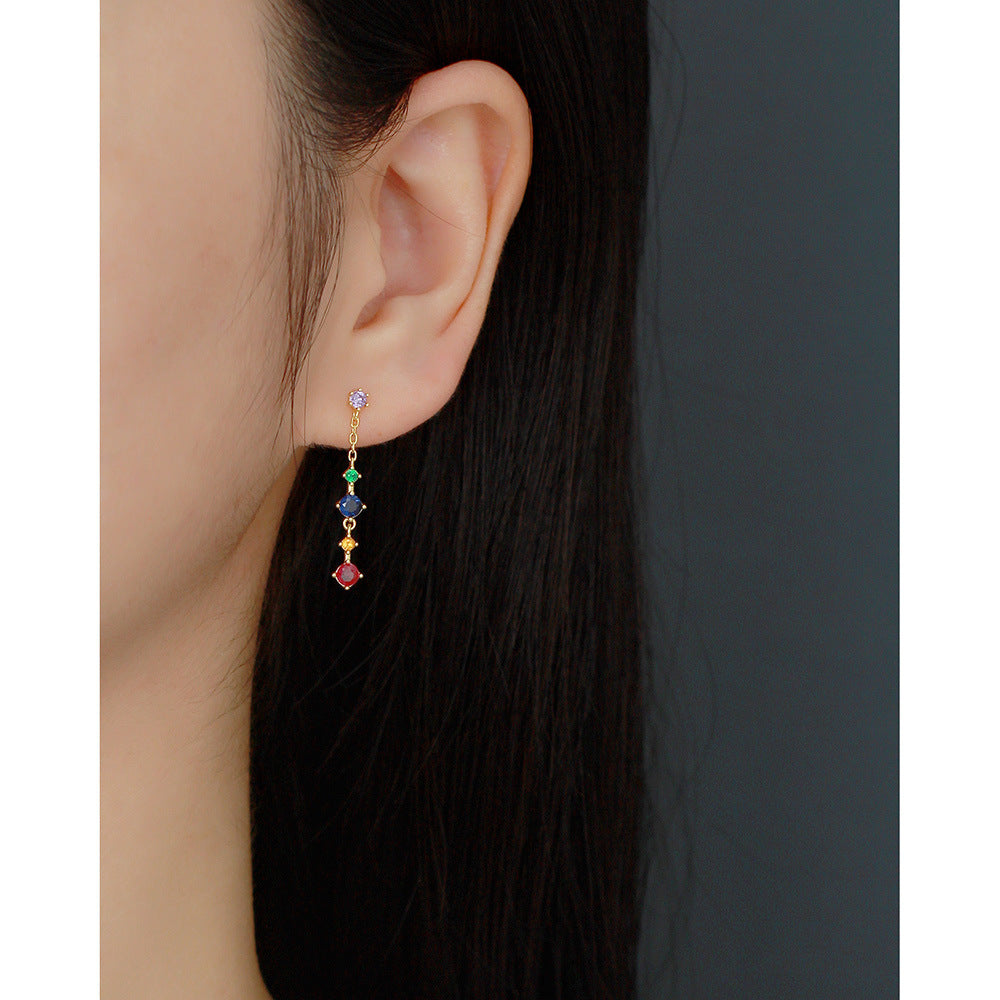 Sweet Elegant 925 Sterling Silver Round Geometric Cubic Zirconia Inlay Long Tassel Earrings