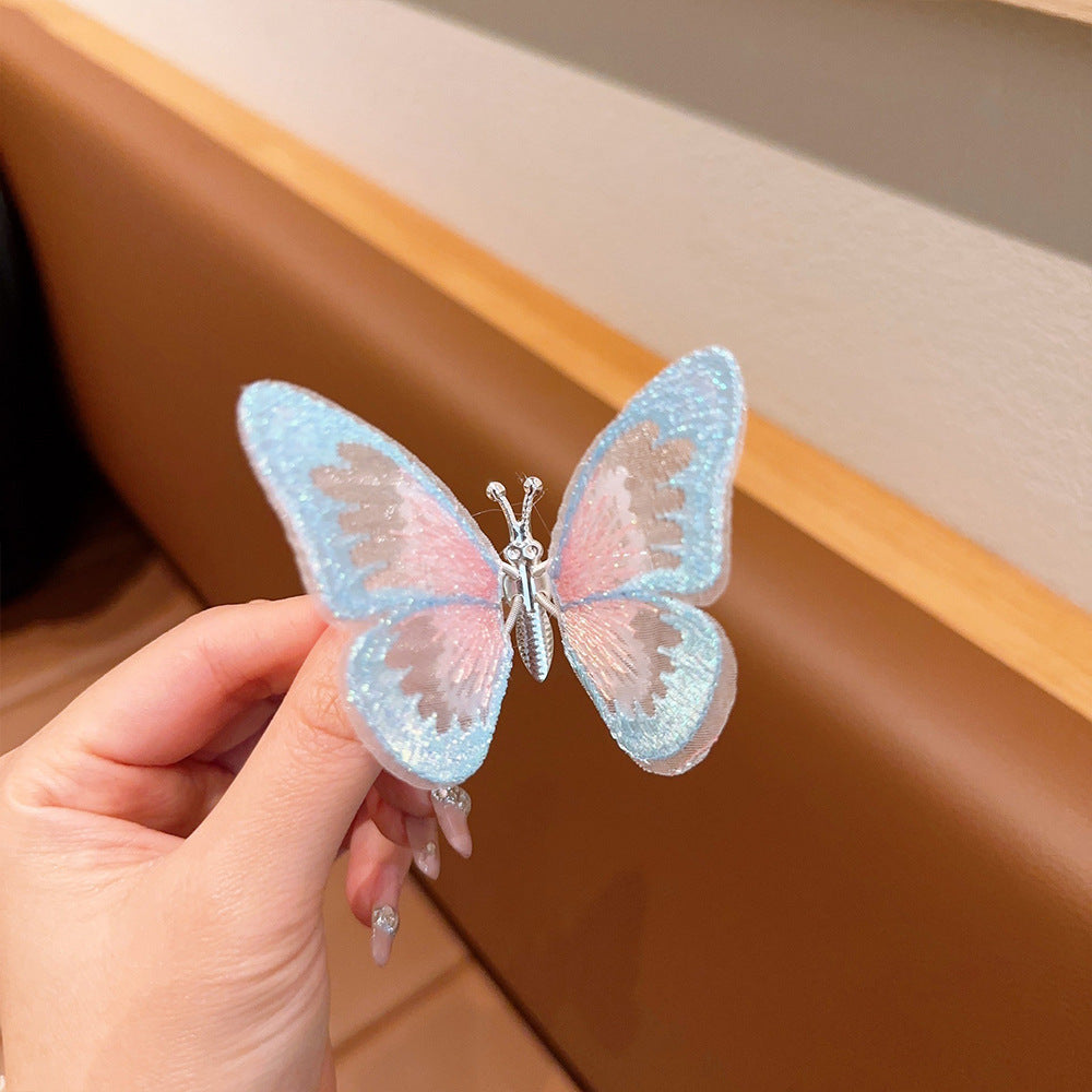 Fermaglio per capelli a farfalla dolce per bambini Fermaglio ricamato a mano in tessuto con ali mobili Accessorio laterale per capelli in stile principessa