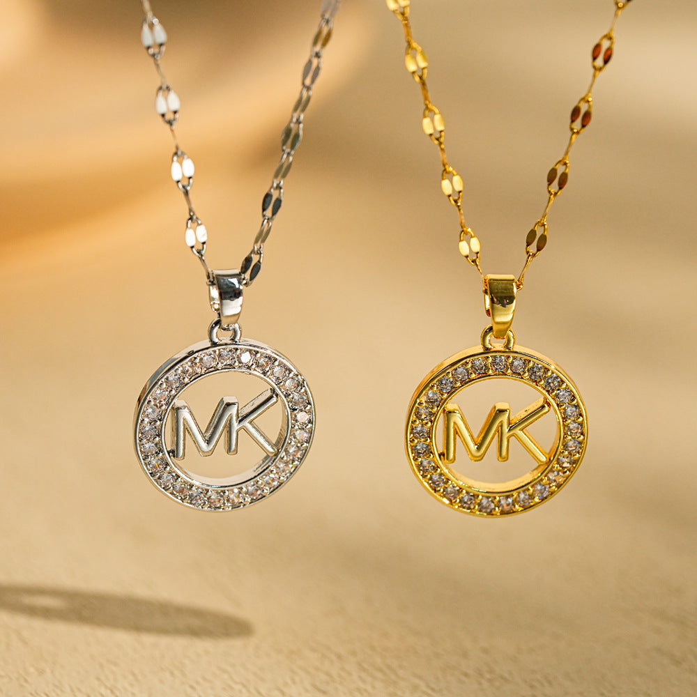Minimalist Round Letter Pendant Necklace in Titanium Steel with Gold Plating for Women