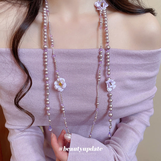Elegant French-Style Fabric Flower Pearl Necklace for Women with Plated Alloy Pendant, Delicate Sweater Chain for Daily Wear