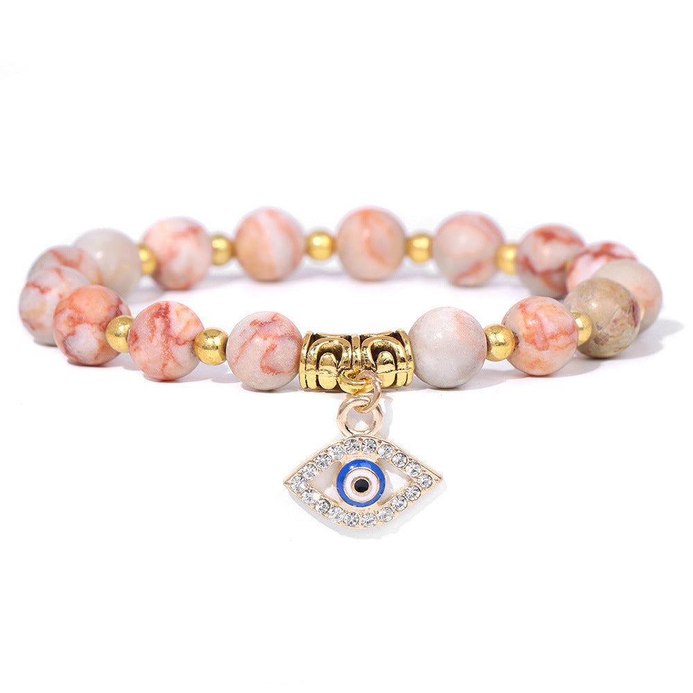 Vintage Minimalist Geometric Agate Beaded Bracelet with Evil Eye Pendant Unisex Jewelry