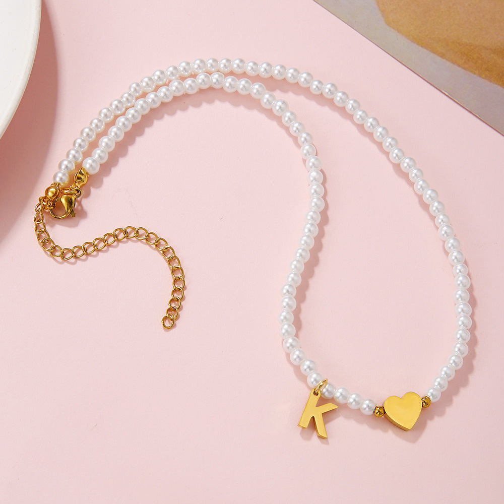 Minimalist Letter Heart Stainless Steel Pearl Necklace Women Cable Chain
