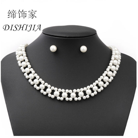 Juego de collar de perlas de tres capas minimalista de lujo con pendientes a juego y pulsera para mujer, joyería de perlas de imitación galvanizadas