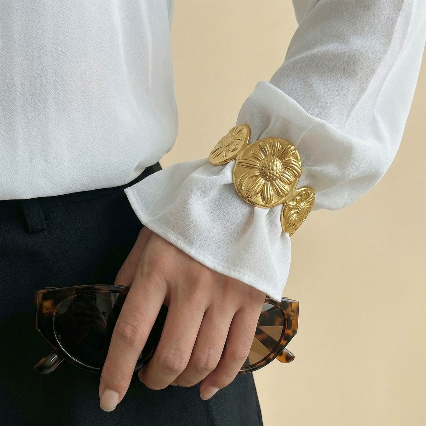 Elegant Geometric Irregular Leaf Wide Open Cuff Stainless Steel Bracelet