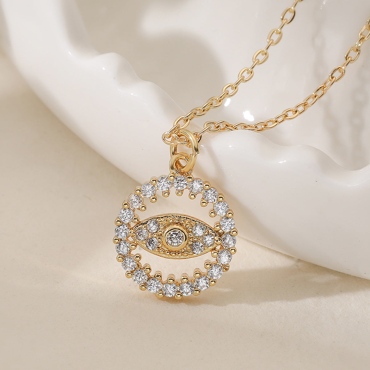 Minimalist Geometric Evil Eye Cubic Zirconia Gold Plated Brass Pendant Necklace