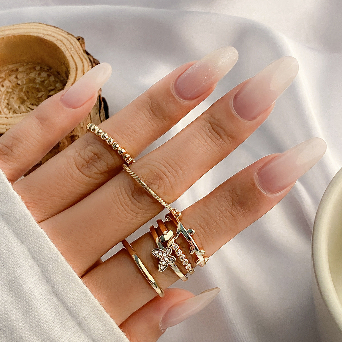 Minimalist Gold Plated Iron Star Moon Rhinestone Open Joint Ring Set for Women