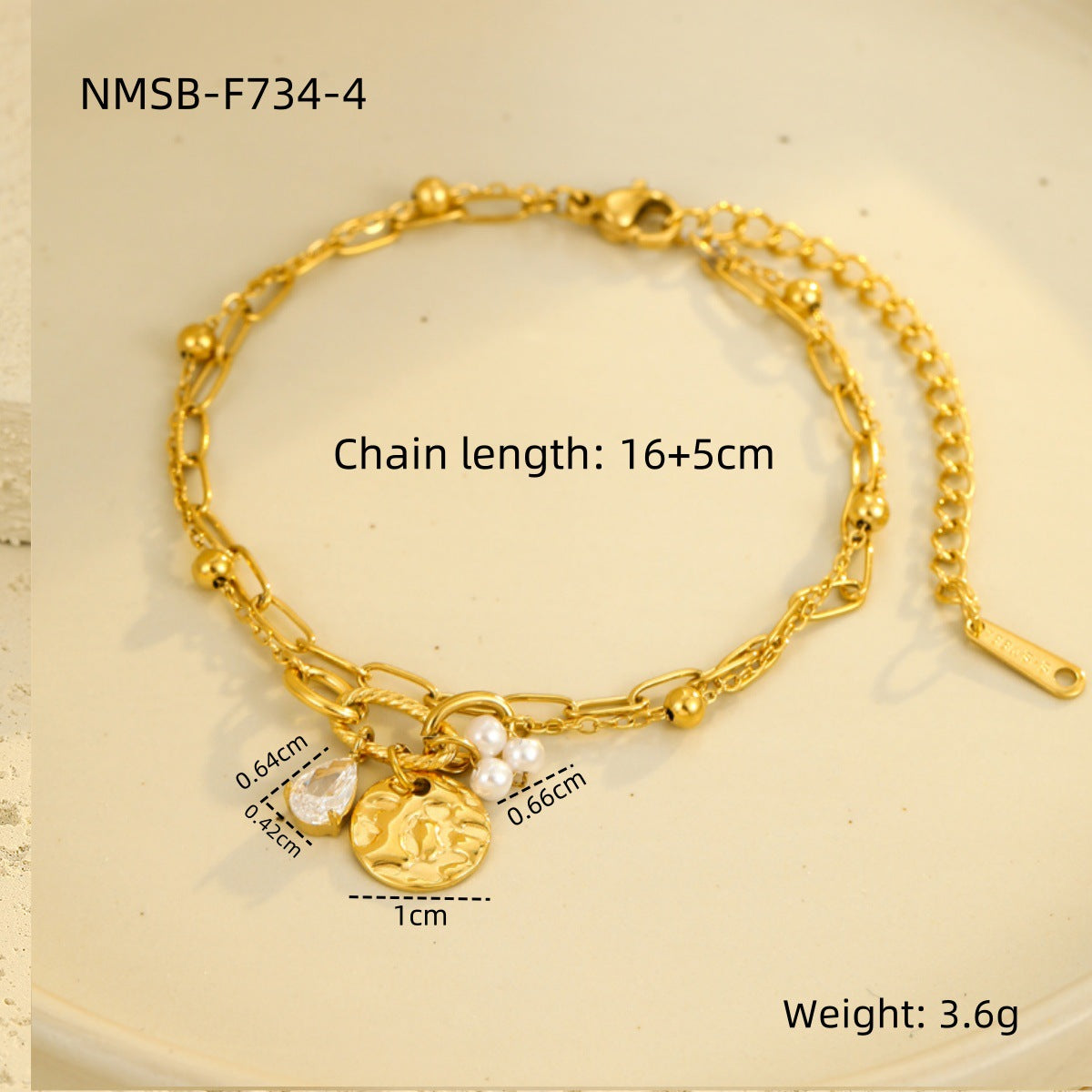 Bracciale in Acciaio al Titanio alla Moda Stile Ufficio con Zircone a Goccia e Ciondolo Perla su Charm Rotondo da Donna