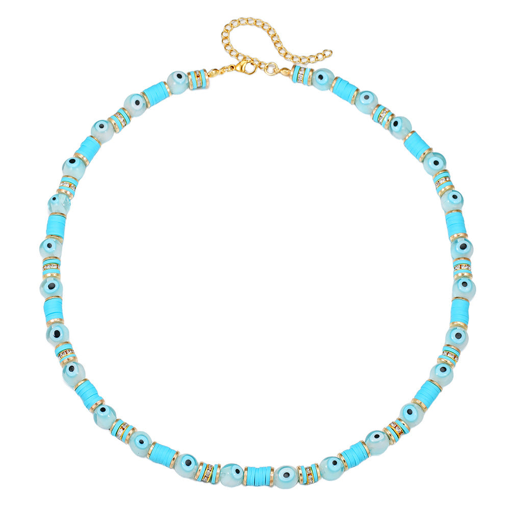 Bohemian Round Geometric Resin Evil Eye Necklace with Cubic Zirconia Cable Chain for Unisex