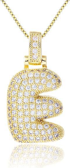 14K Gold Plated Brass Letter Pendant Necklace with Cubic Zirconia Inlay Box Chain for Women