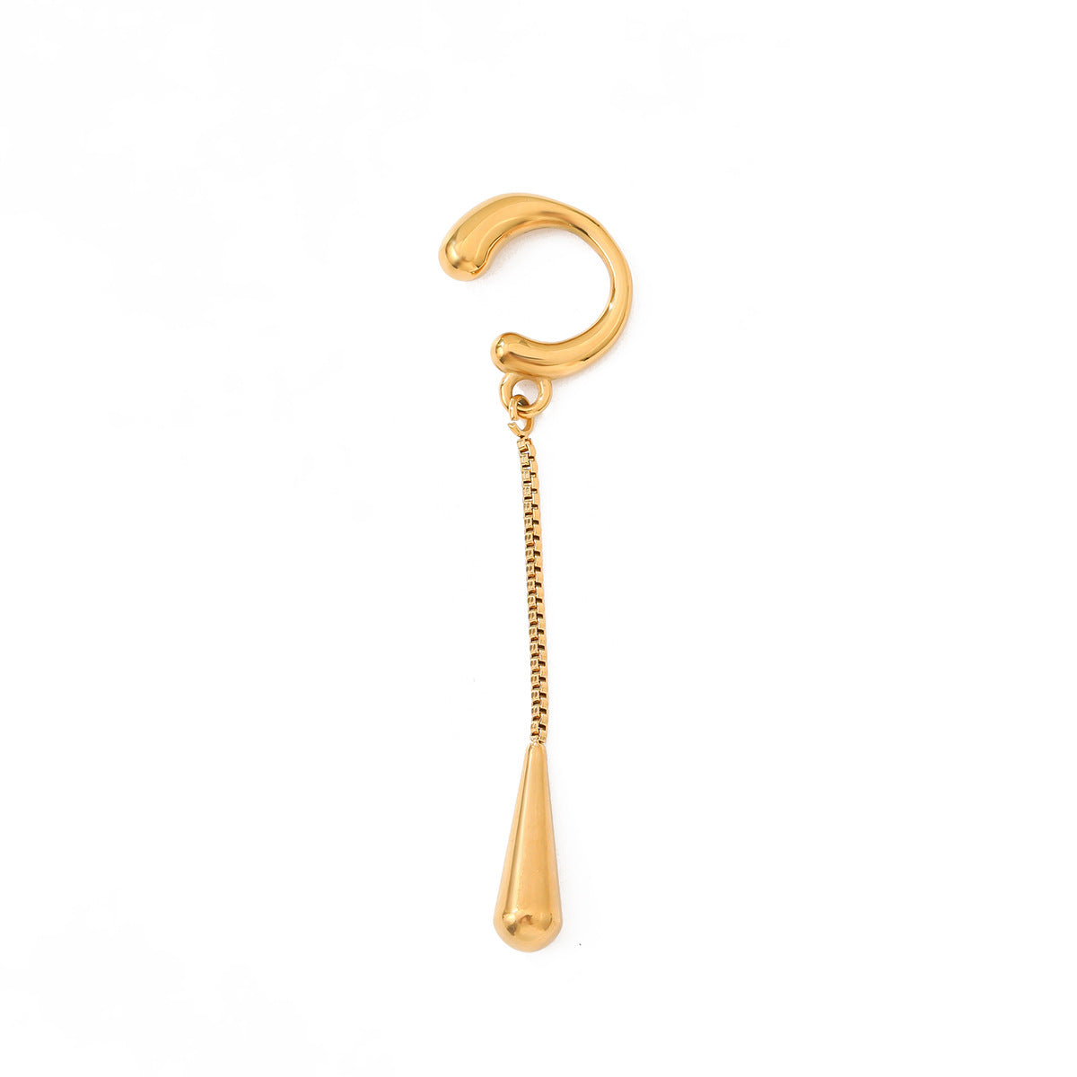 Minimalist Teardrop Stainless Steel PVD Plated C-Shaped Ear Cuff with Tassel Chain