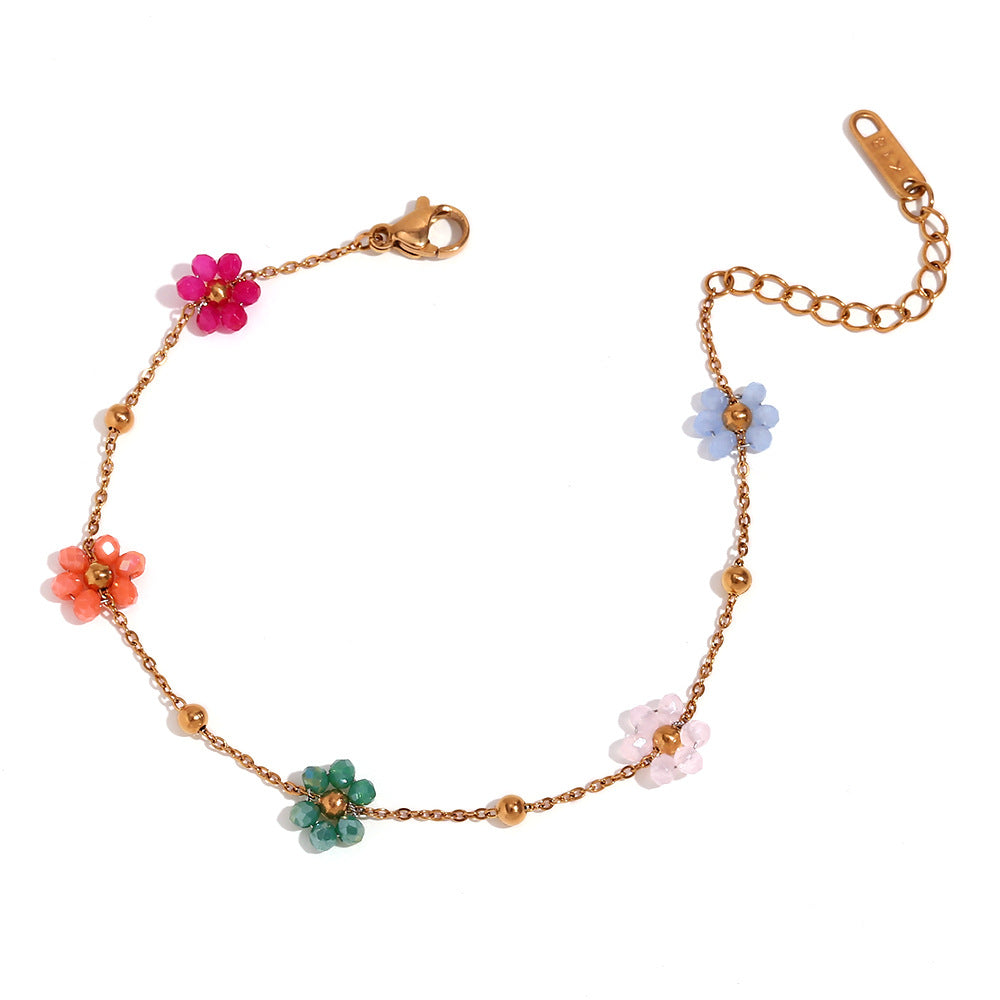 Bracciale placcato in acciaio inossidabile con perline colorate, stile geometrico floreale alla moda e minimalista da donna
