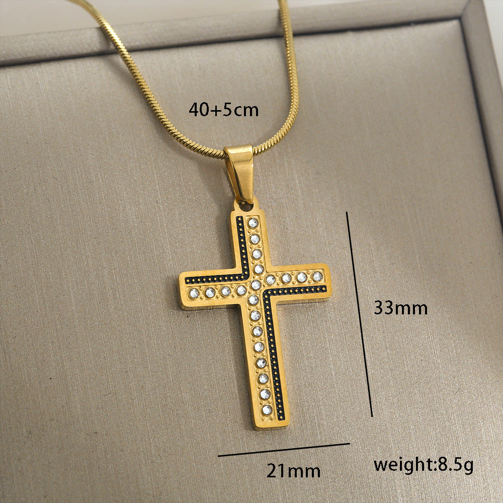 Collana con pendente a croce in stile vintage in acciaio inossidabile con intarsio di strass e placcatura in oro, unisex