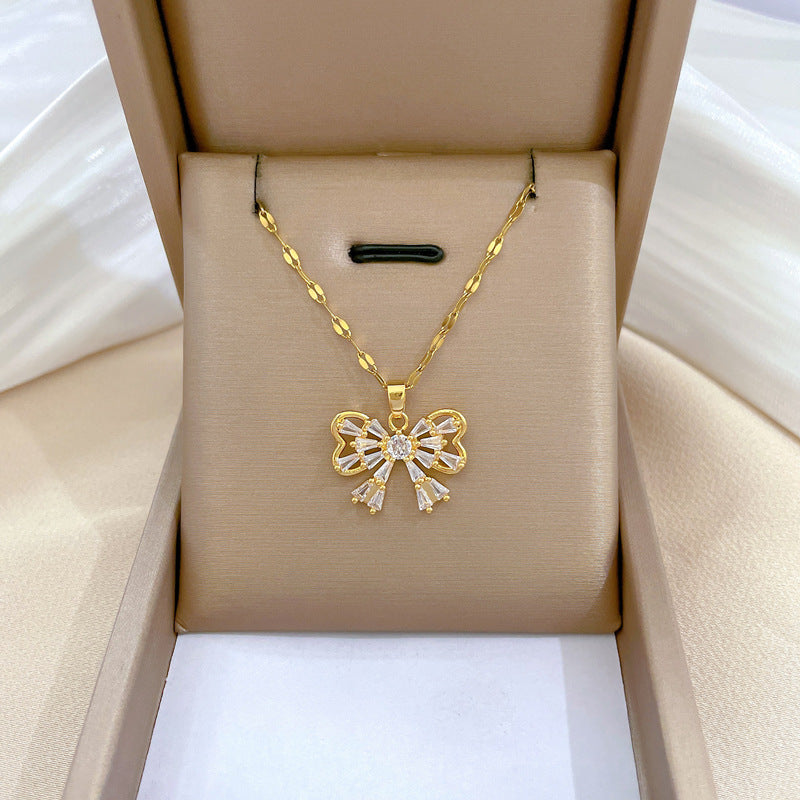 Minimalist Butterfly Pendant Necklace and Earrings Set in Titanium Steel with Micro-Pavé Setting and Plated Finish