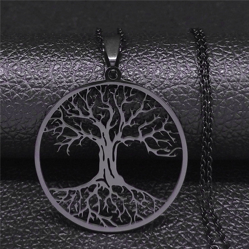 Minimalist Hollow Tree of Life Pendant Necklace for Women and Men in Stainless Steel with Titanium Steel Charm and Plated Finish