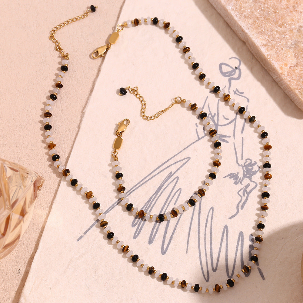 Minimalist Geometric Stainless Steel Necklace with Titanium Steel Beads, Tiger Eye and White Jade Accents, Gold Plated 18K Finish