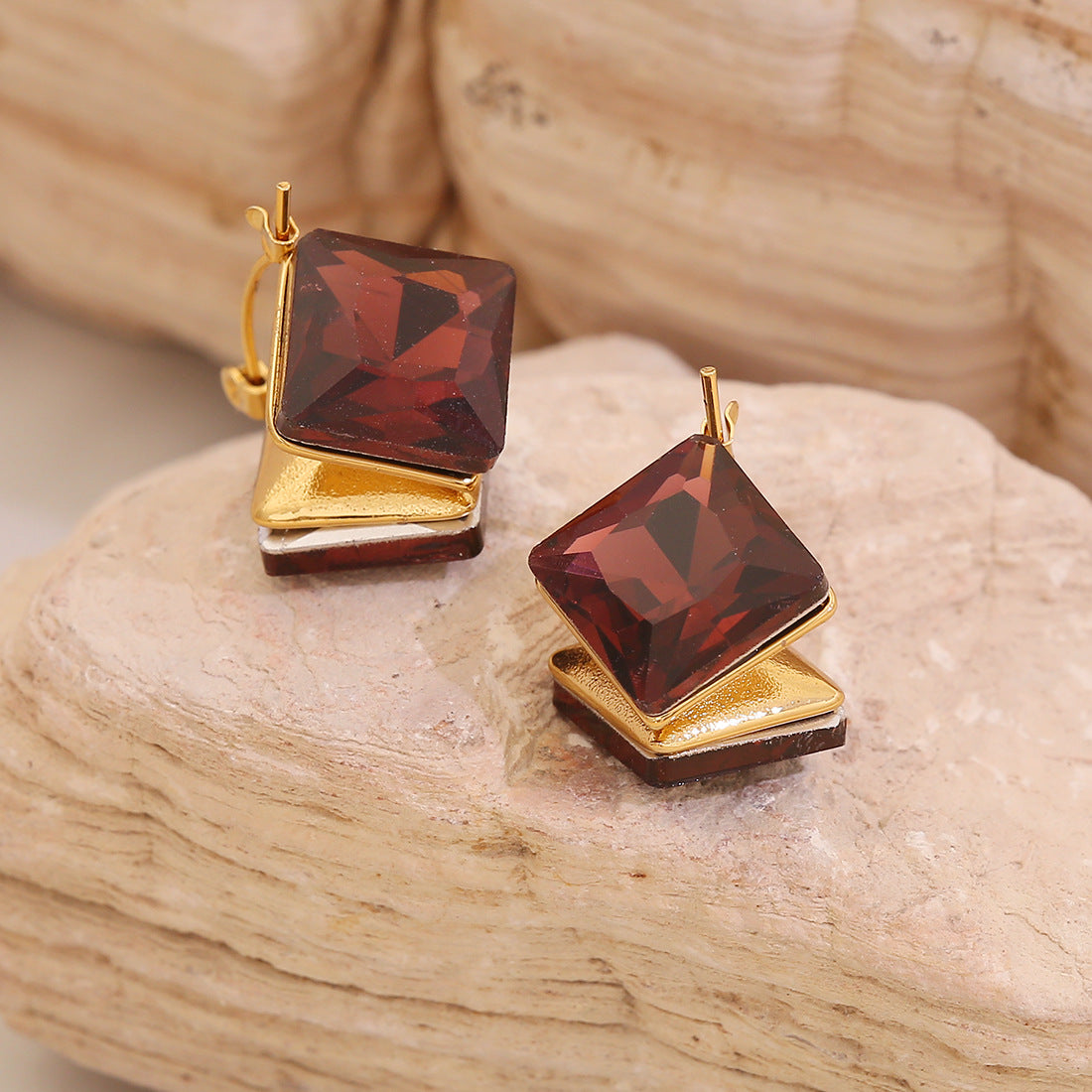 Geometric Square Double-Sided Stainless Steel Stud Earrings with Plating Finish for Women
