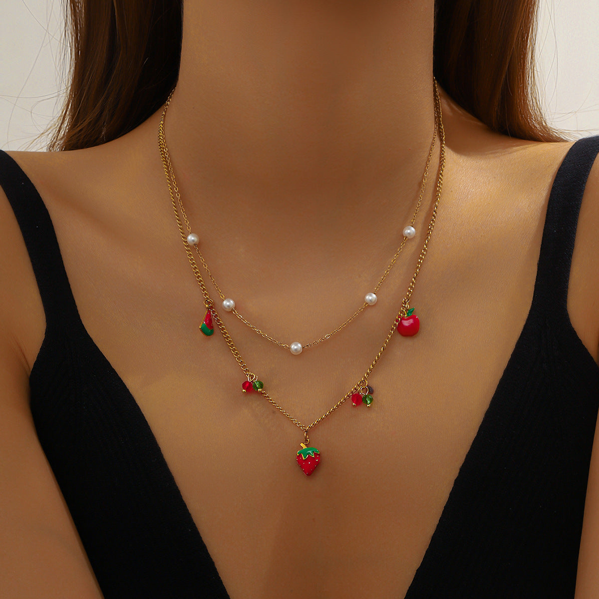 Sweet Cartoon Red Drip Oil Fruit Pendant Necklace Stainless Steel Serpentine Chain Women