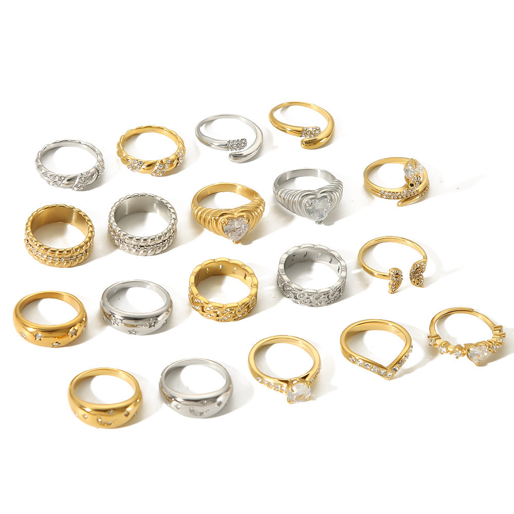 Minimalist Star Heart Geometric Stainless Steel Ring with Zirconia Inlay and 18K Vacuum Plating for Women