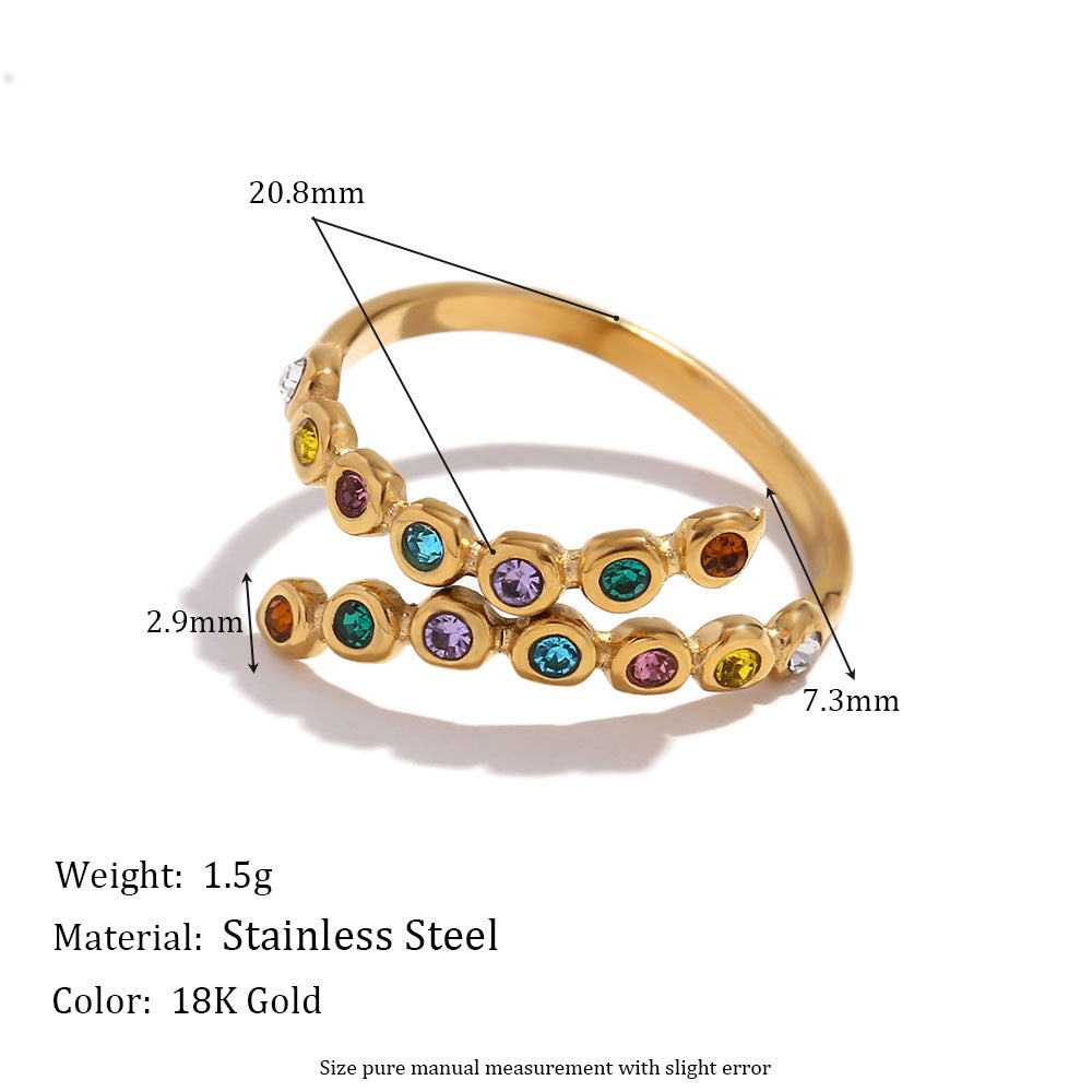 Creative Geometric Stainless Steel Ring with 18K Gold Plating and Micro-Pavé Rhinestones for Women