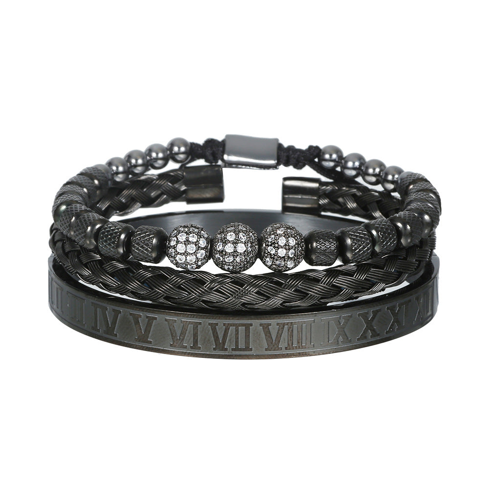 Geometric Round Stainless Steel Plated Bracelet Set with Cubic Zirconia Beads and Roman Numerals for Men and Women