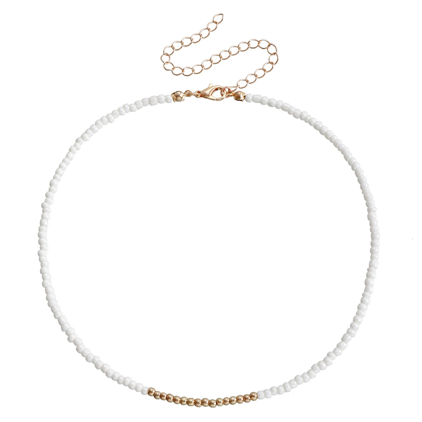 Bohemian Geometric Beaded Necklace for Women with White Beads and Blue Crystal-Like Accents on Clavicle Chain