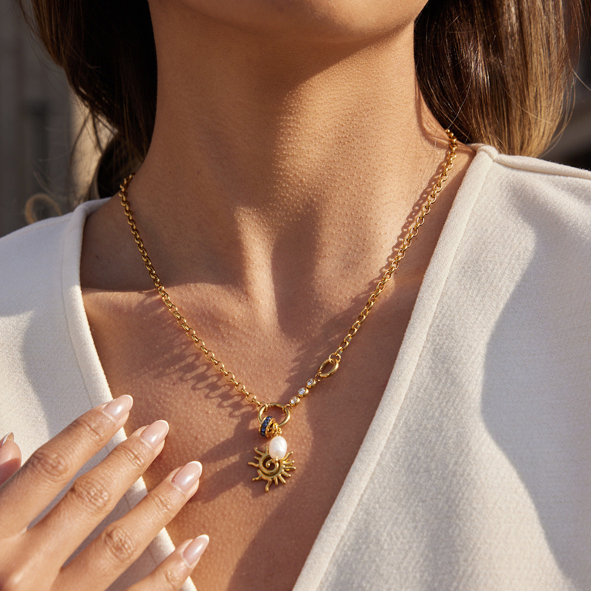 Minimalist Spiral Sun Titanium Steel Pendant with Freshwater Pearl Plated Necklace for Women