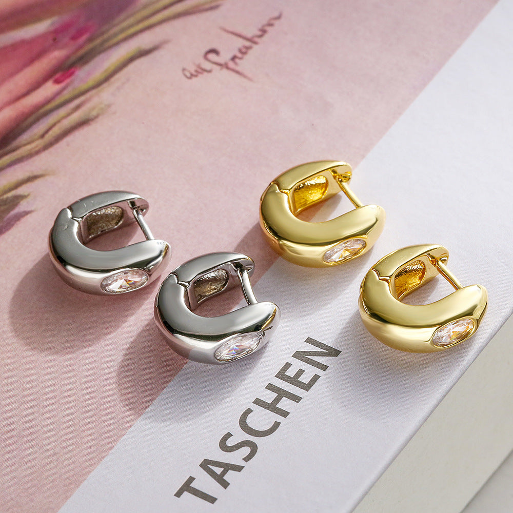 Minimalist Geometric Copper Hoop Earrings with Gold Plating and Zircon Inlay for Women