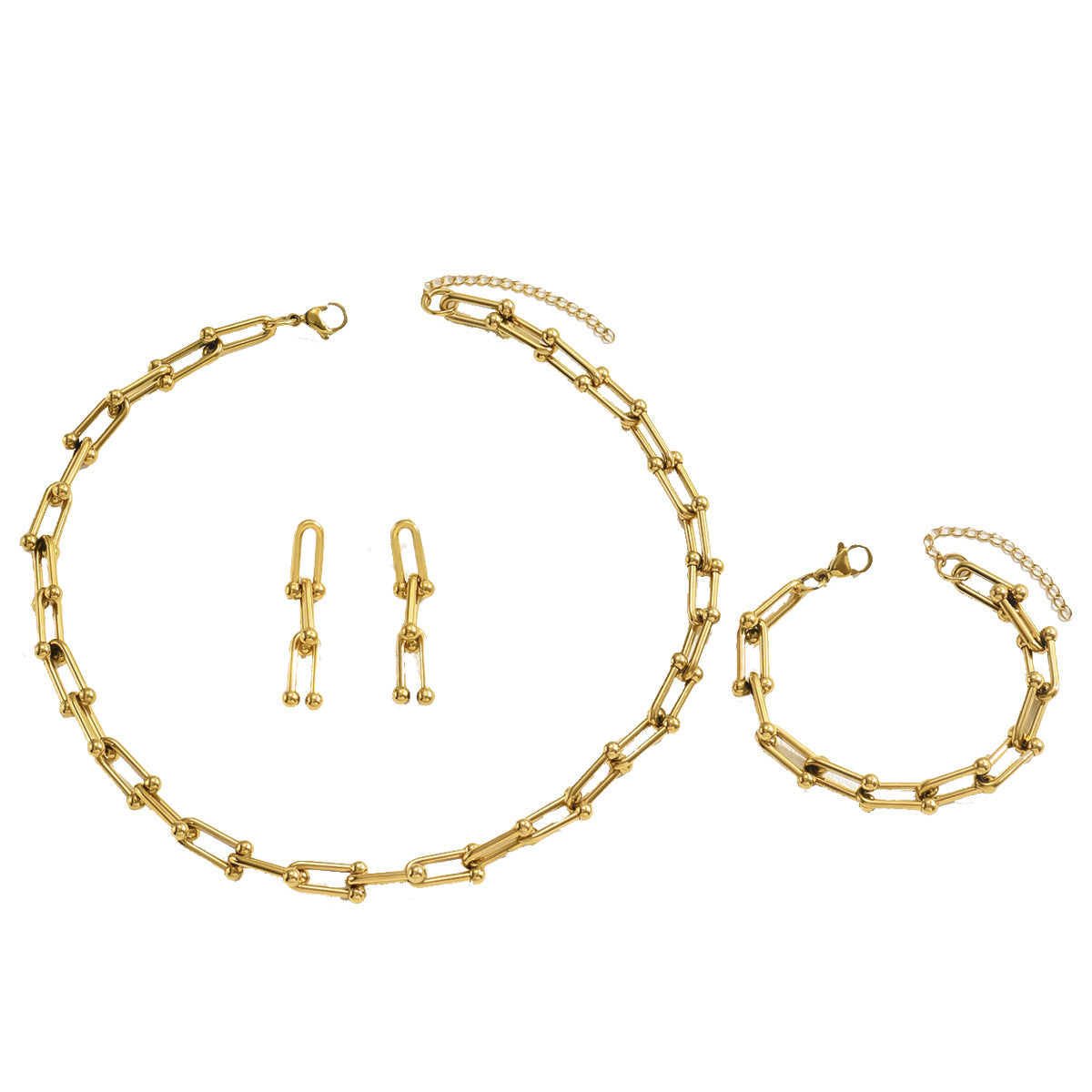 Conjunto de Joyas de Aleación Electrochapada para Mujer de Moda Minimalista con Collar, Pendientes y Pulsera con Patrón Geométrico y Cierre en Forma de Herradura en U