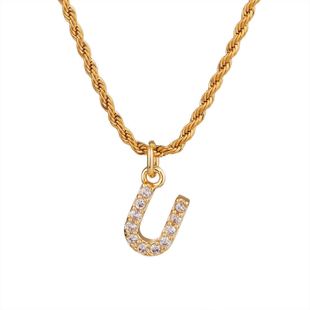 Collar con colgante de letra para mujer, minimalista, de moda, cadena trenzada de acero inoxidable con baño de oro e incrustaciones de circonita