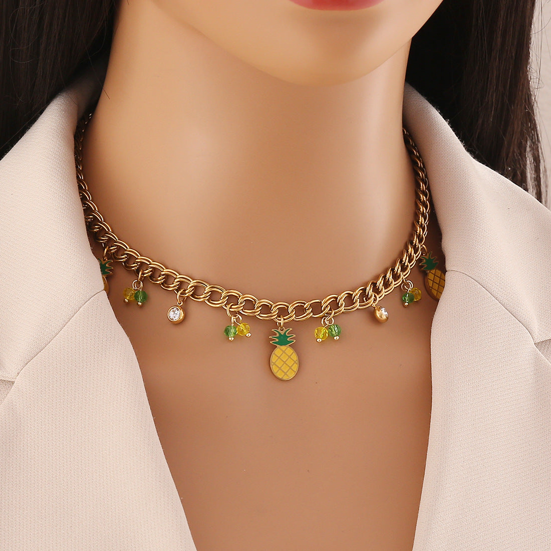 Collana da donna con ciondolo a forma di frutta in acciaio inossidabile, design ananas, anguria e avocado, catena cubana elettrodeposta, stile Fashion OL